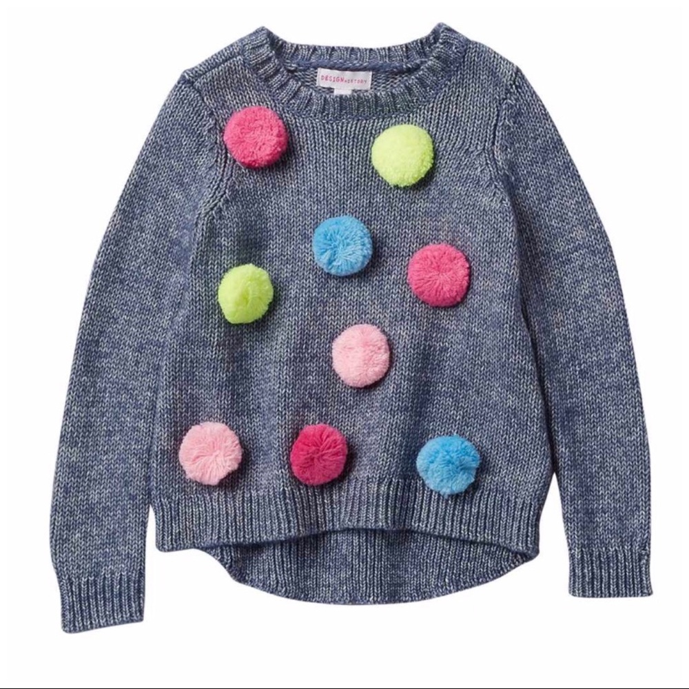 NWT Girls Pompom Sweater Indigo High Low Hem Long Sleeved Size 4